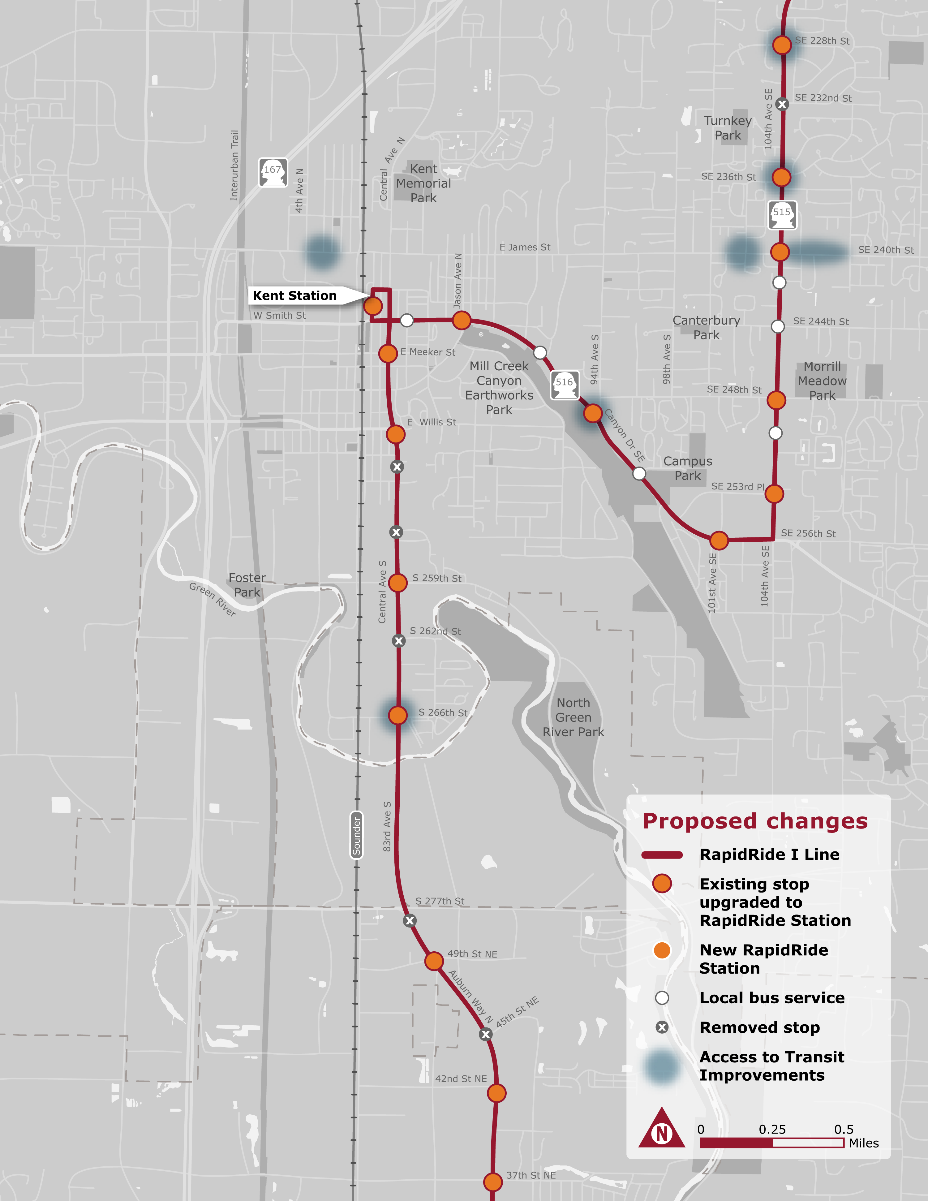 Proposed RapidRide stations, stop upgrades, stop closures, and local stops in the Kent area. (King County)