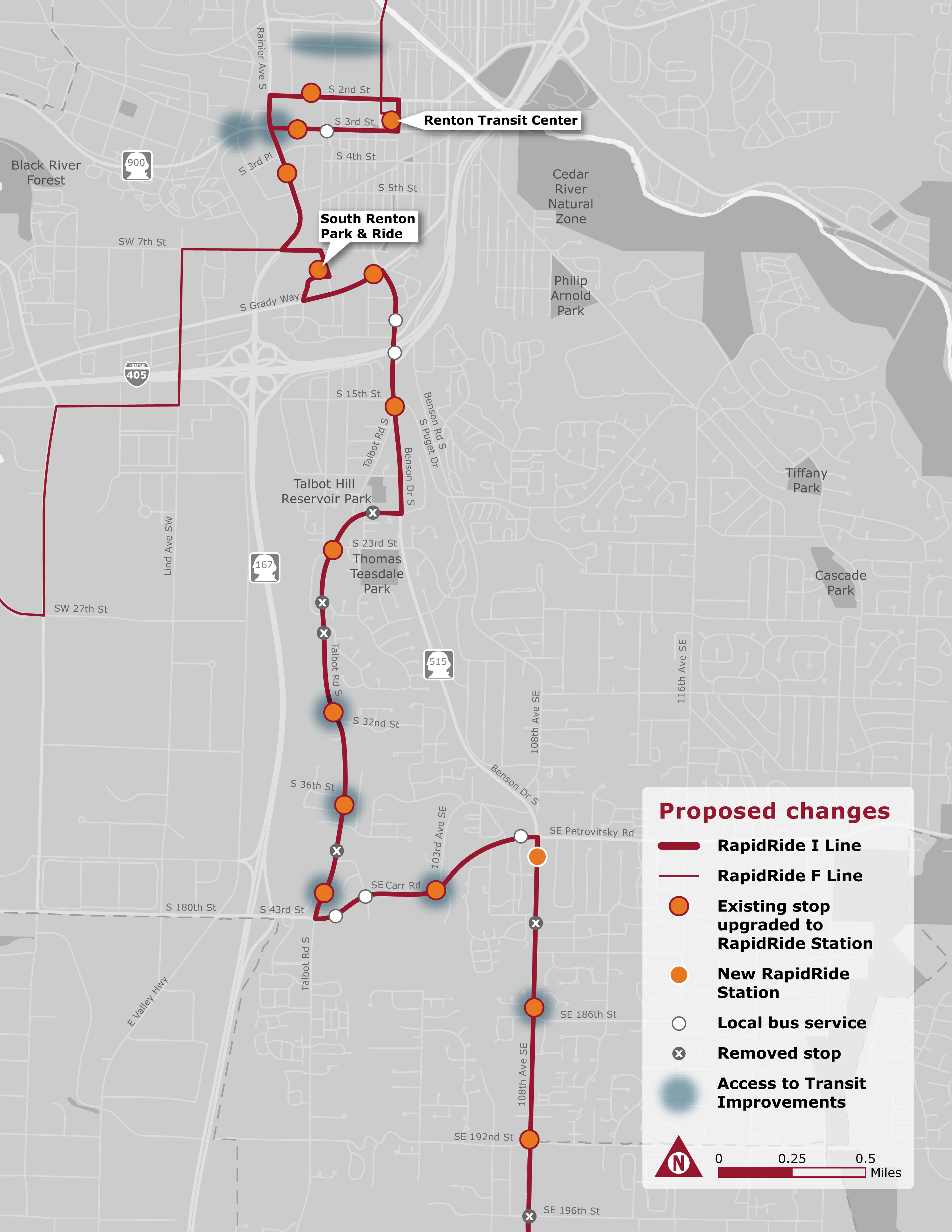 Proposed RapidRide stations, stop upgrades, stop closures, and local stops in the Renton area. (King County)