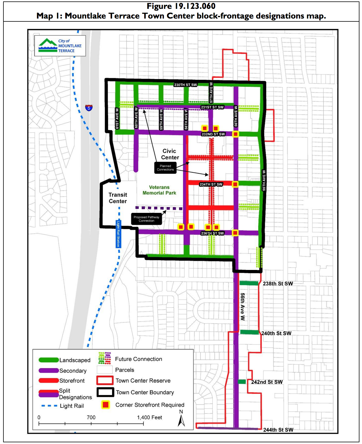 The Town Center block frontage street designations. (City of Mountlake Terrace)