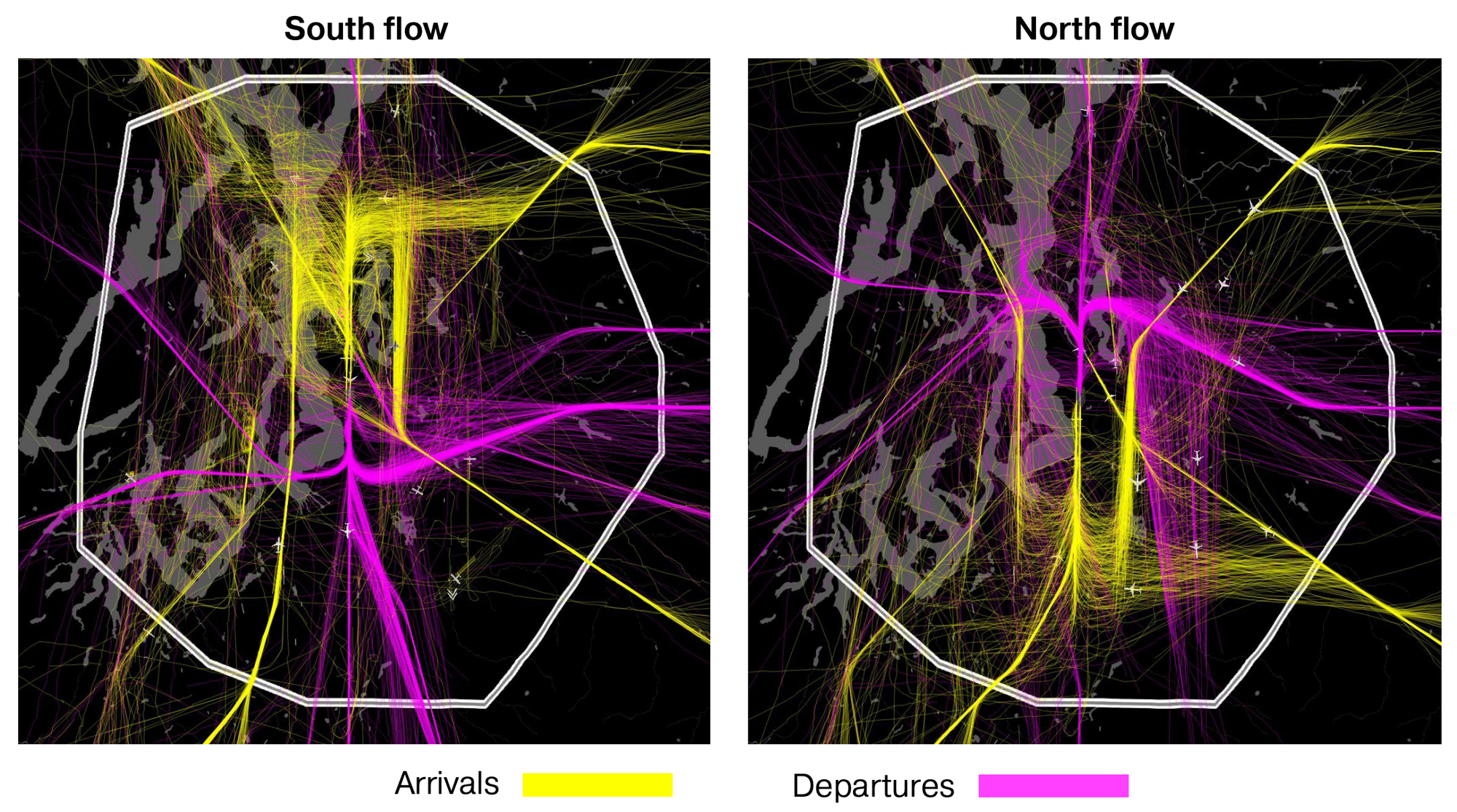 What a typical day of flightpaths to and from Sea-Tac International Airport looks like. (PSRC)