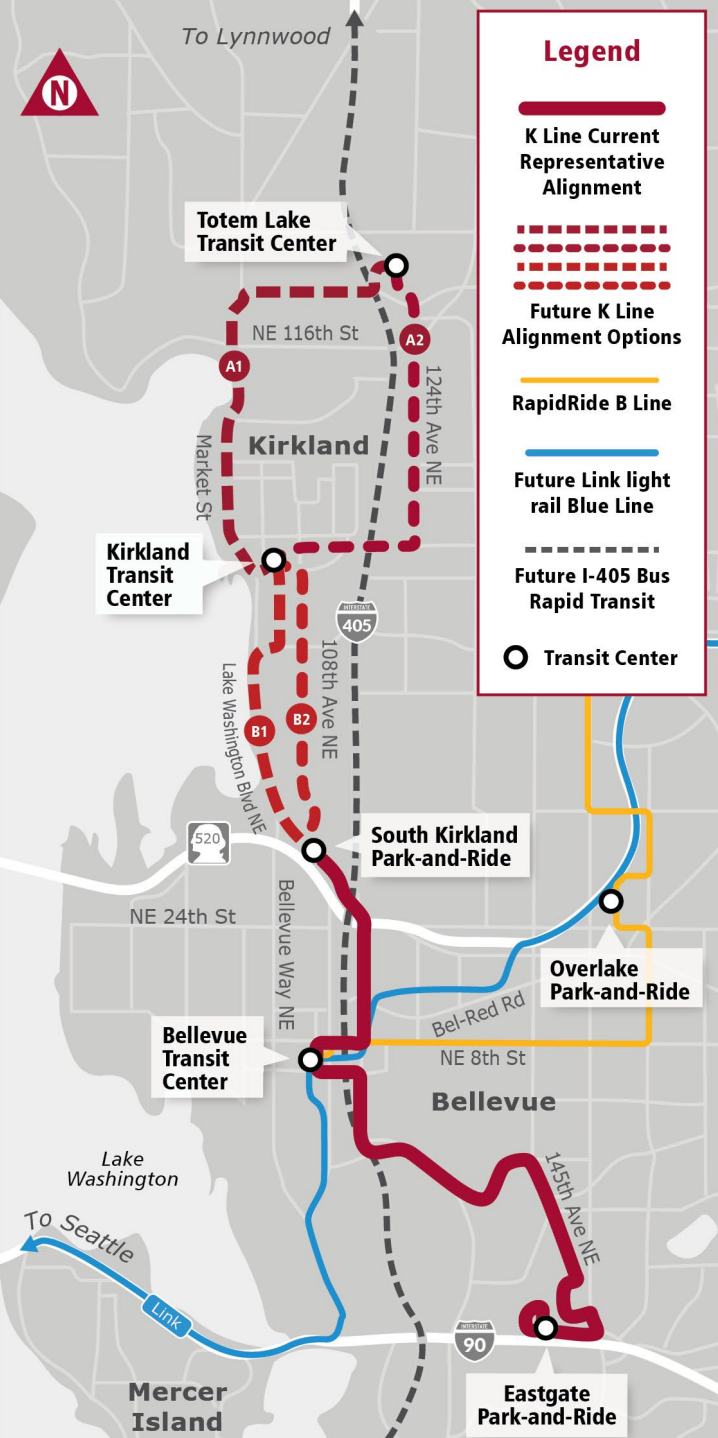 RapidRide K Line alignment options in Kirkland and Bellevue representative alignment. (King County)