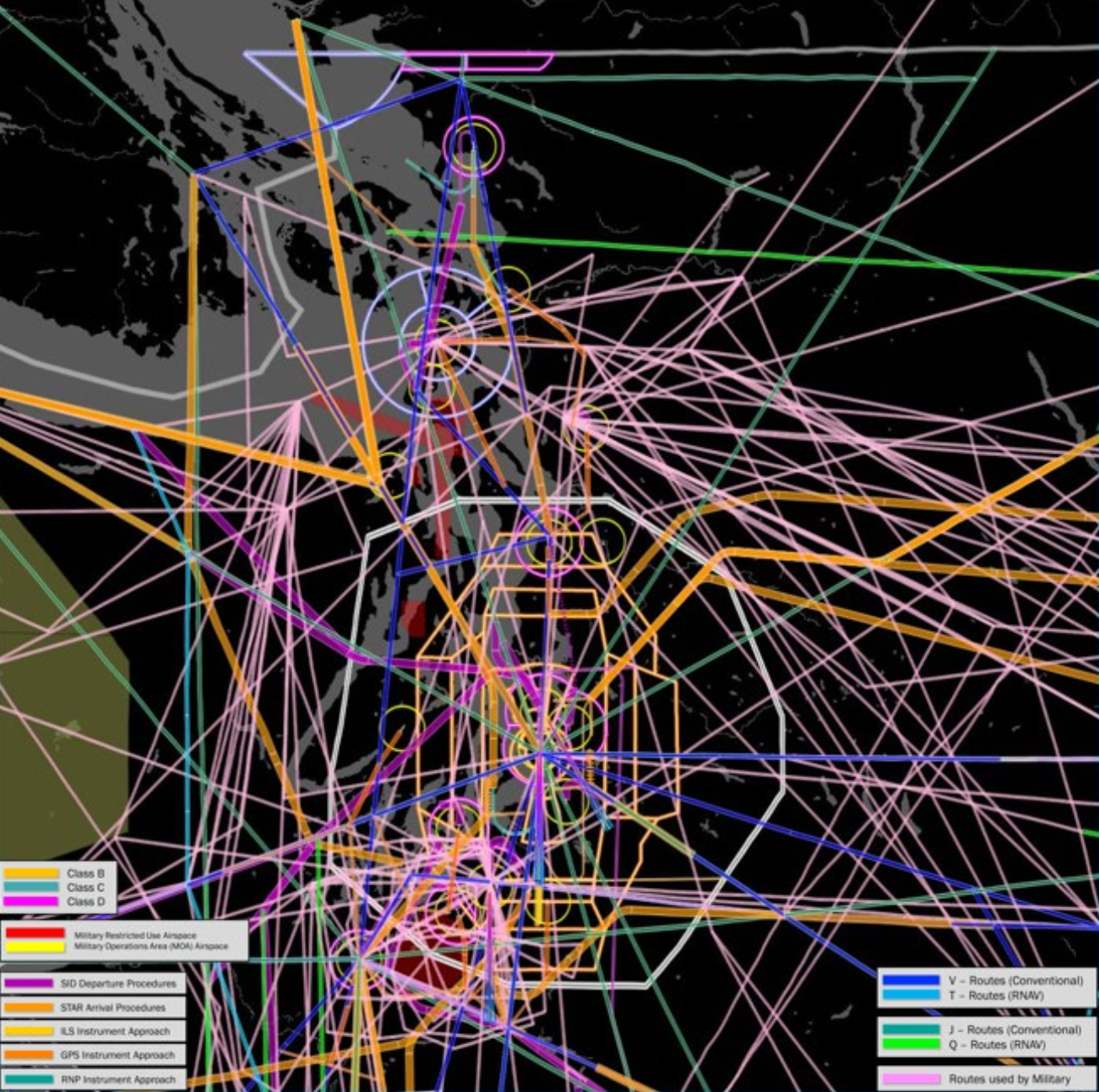 The complex nature of different kinds flightpaths and airport influences in Puget Sound. (PSRC)