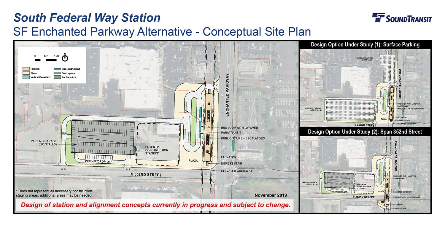The conceptual station layout options for the South Federal Way Station on Enchanted Parkway. (Sound Transit)