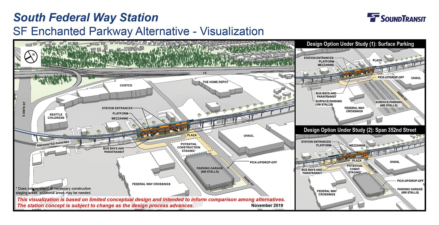 Renderings of the conceptual station layout options for the South Federal Way Station on Enchanted Parkway. (Sound Transit)﻿