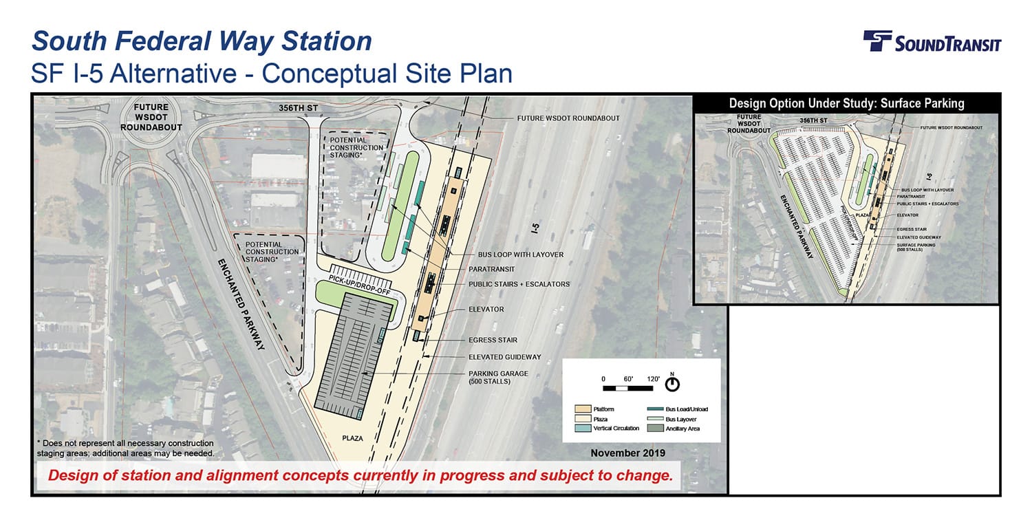 The conceptual station layout options for the South Federal Way Station at I-5. (Sound Transit)
