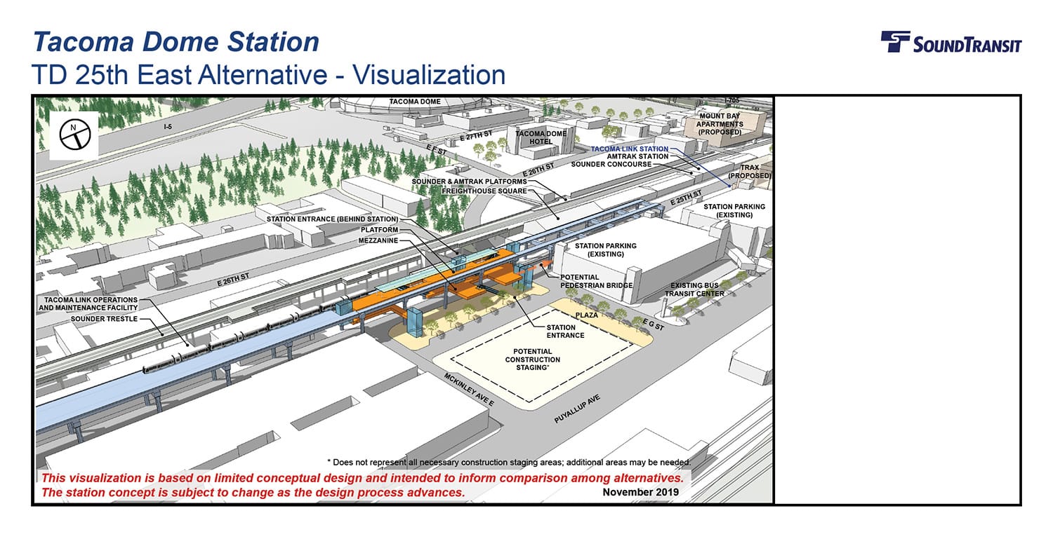 Rendering of the conceptual station layout option for the Tacoma Dome Station TD 25th East Alternative. (Sound Transit)