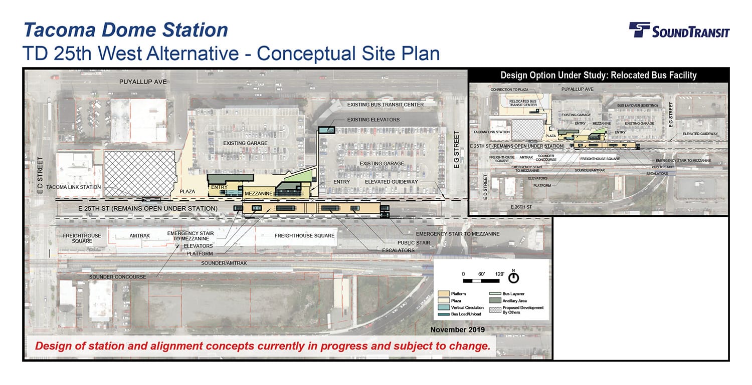 The conceptual station layout options for the Tacoma Dome Station TD 25th West Alternative. (Sound Transit)