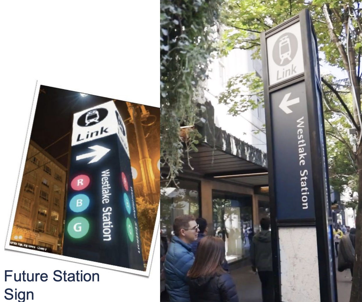 Left: future light rail station totem design to be used; Right: newer totem design currently used by Sound Transit. (Sound Transit)