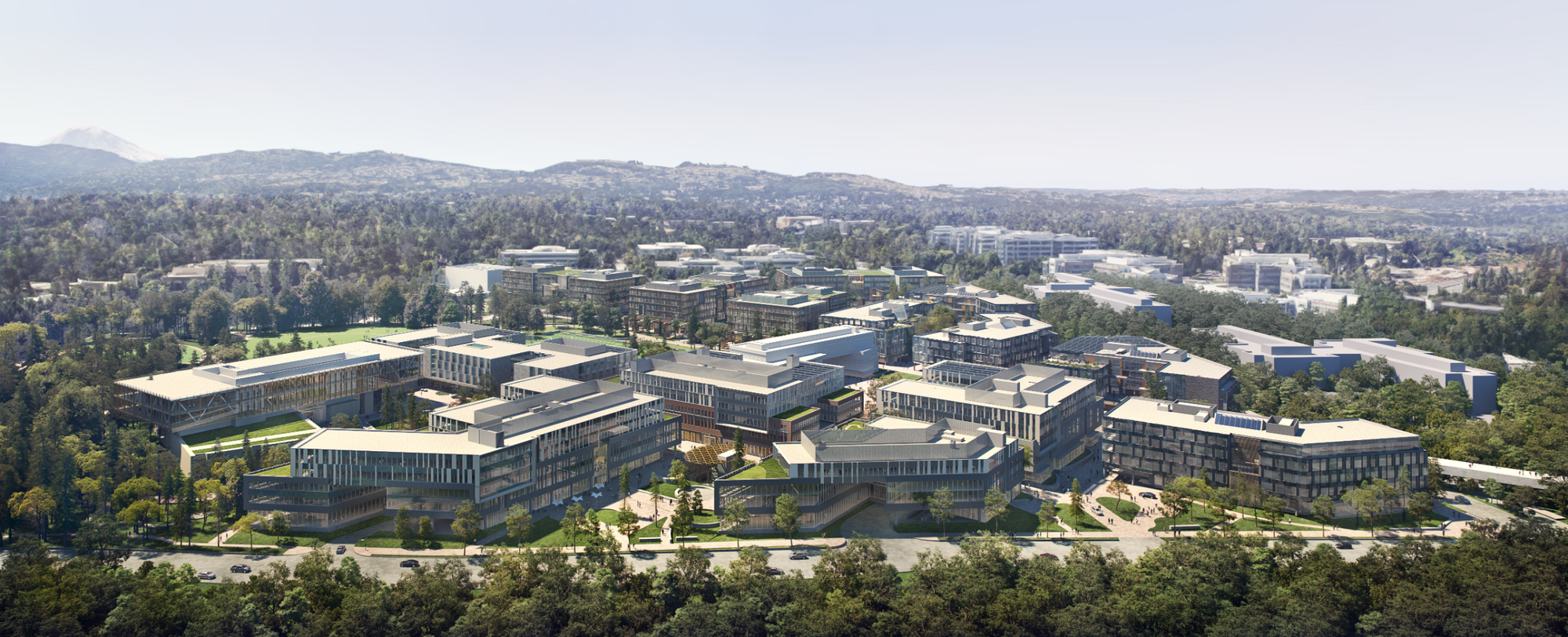 A rendering of Microsoft's updated campus, which borders Redmond Technology Center Station. Click to enlarge. (Credit: Microsoft)
