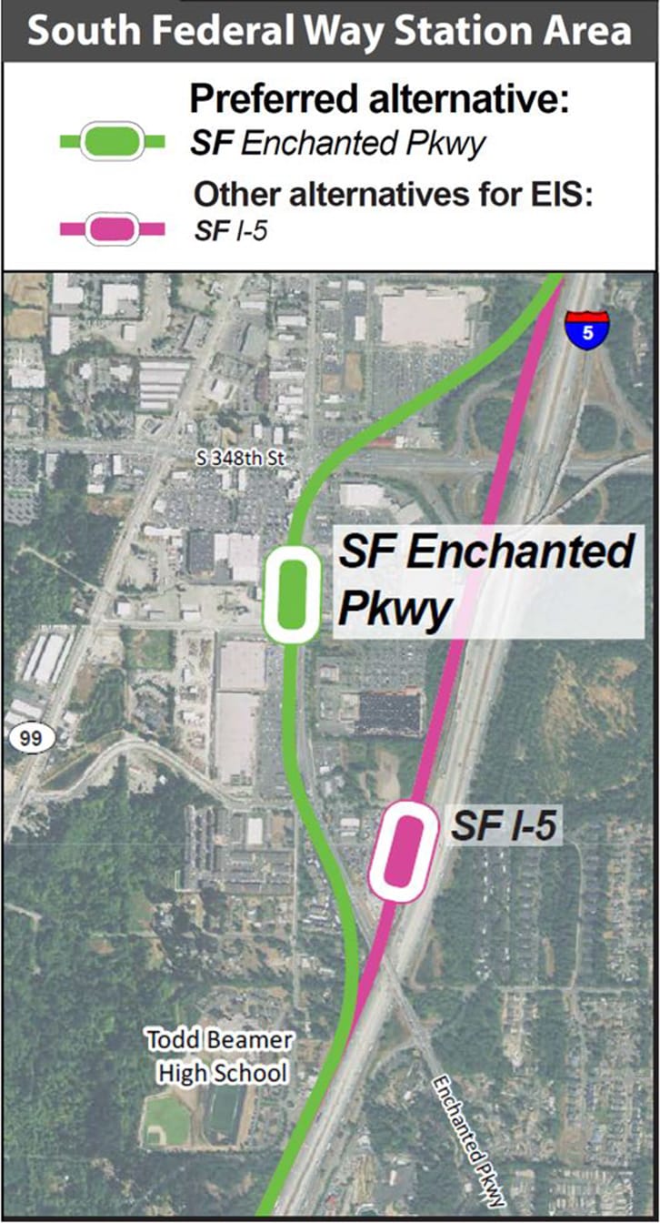 The conceptual alignment and station locations for the South Federal Way Station. (Sound Transit)