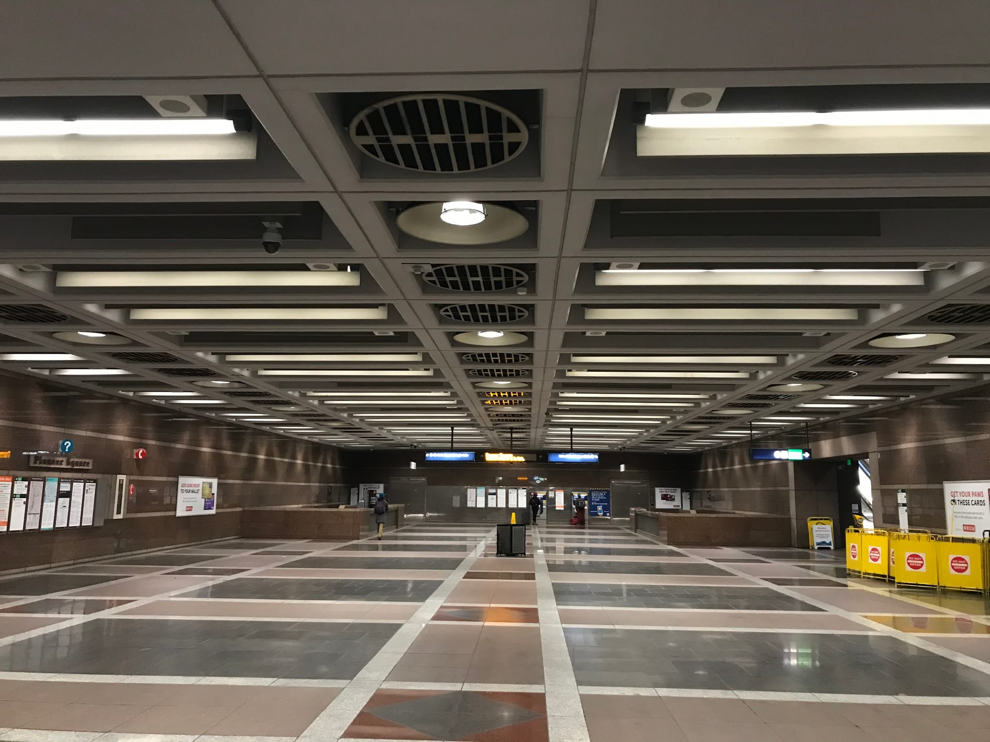 The larger northern mezzanine at Pioneer Square Station looking north.