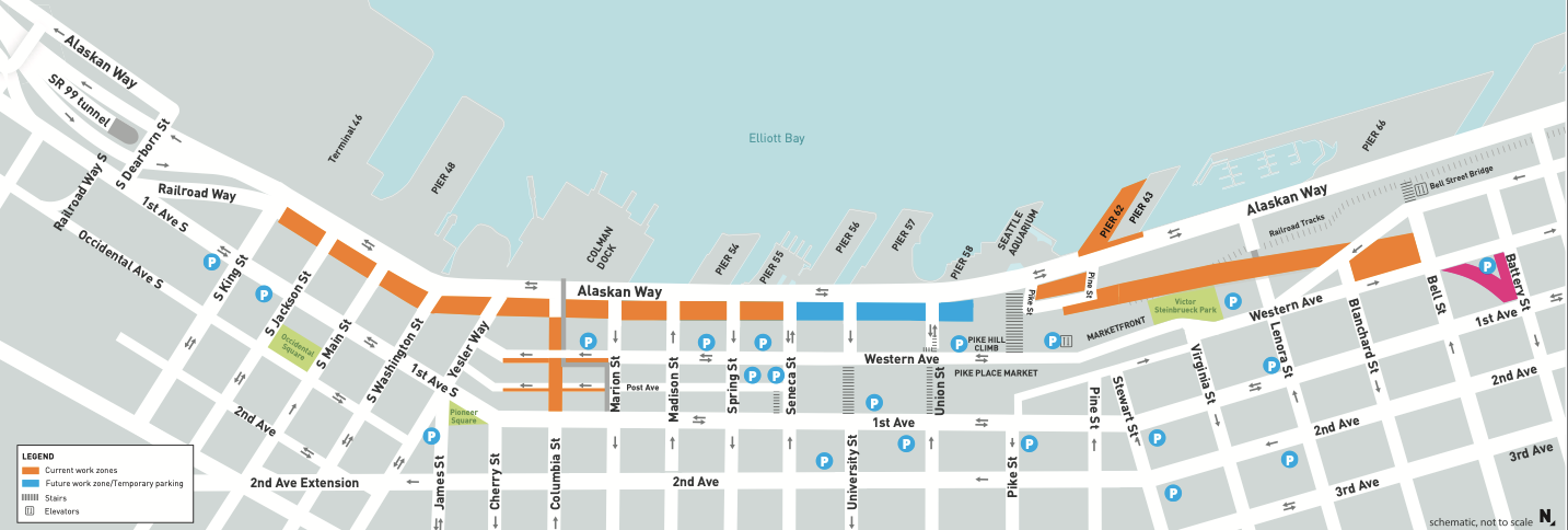 A map illustrating the current Waterfront Seattle work zones including the future site of Battery Portal Park, which has been identified in dark pink at the far north end of the map. The Battery Portal site will continued to be used for construction staging as WSDOT continues to decommission and fill for the former Battery Street Tunnel. (Credit: Seattle Office of the Waterfront)