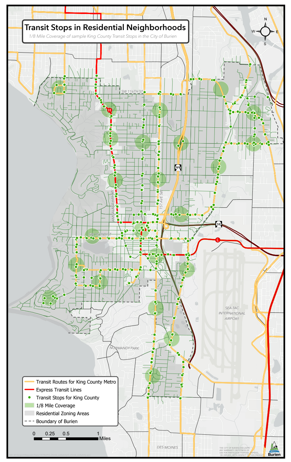 A snapshot of transit stops in Burien, single-family zones, and areas one-eighth of a mile from select transit stops. The regulatory changes provide parking exceptions within one-quarter of a mile from transit stops. (City of Burien)