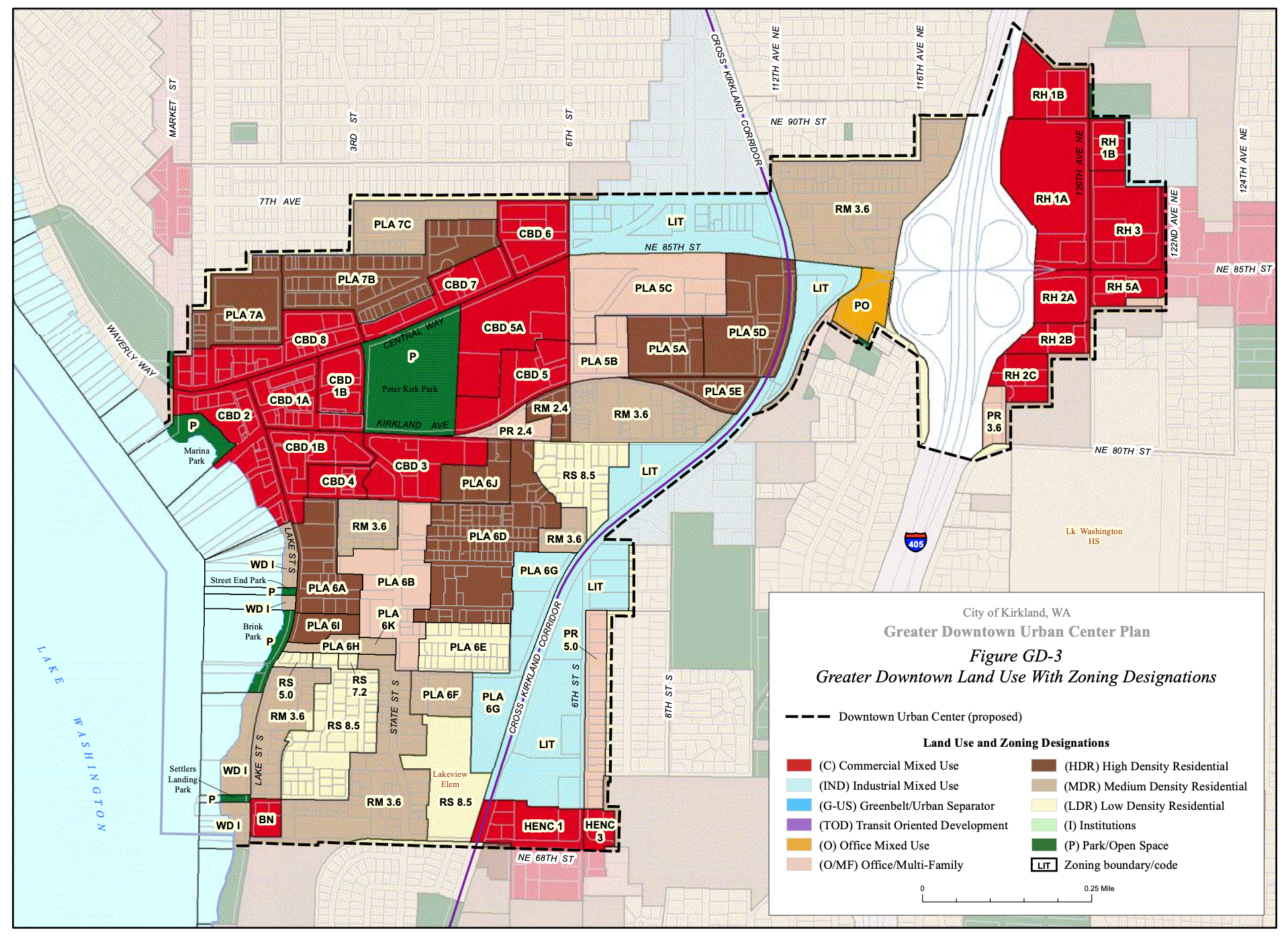 Existing zoning in the city center. (City of Kirkland)