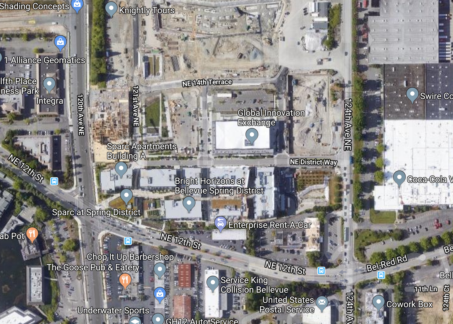 New buildings near NE 12th St is the epicenter of recent residential and retail space that has opened in the Spring District. Other areas to the north are largely under construction, though commercial space has opened for Global Innovation Exchange. (Google Maps)