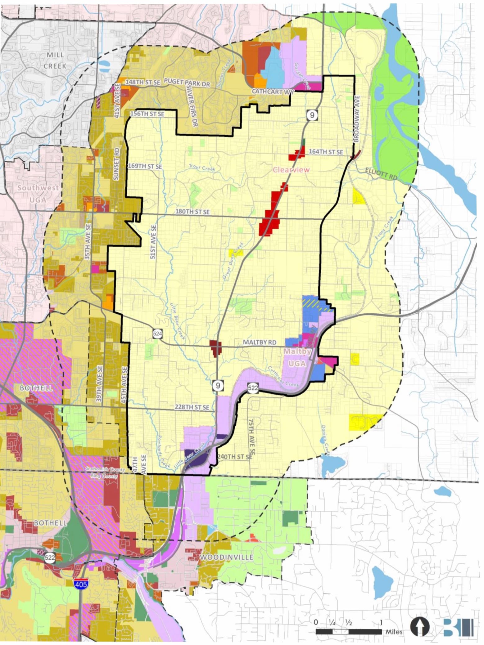 Zoning map of the Clearview Cluster and the surrounding area. Developable zones abut the cluster from three sides, with industrial and commercial zones along Washington Route 522.
