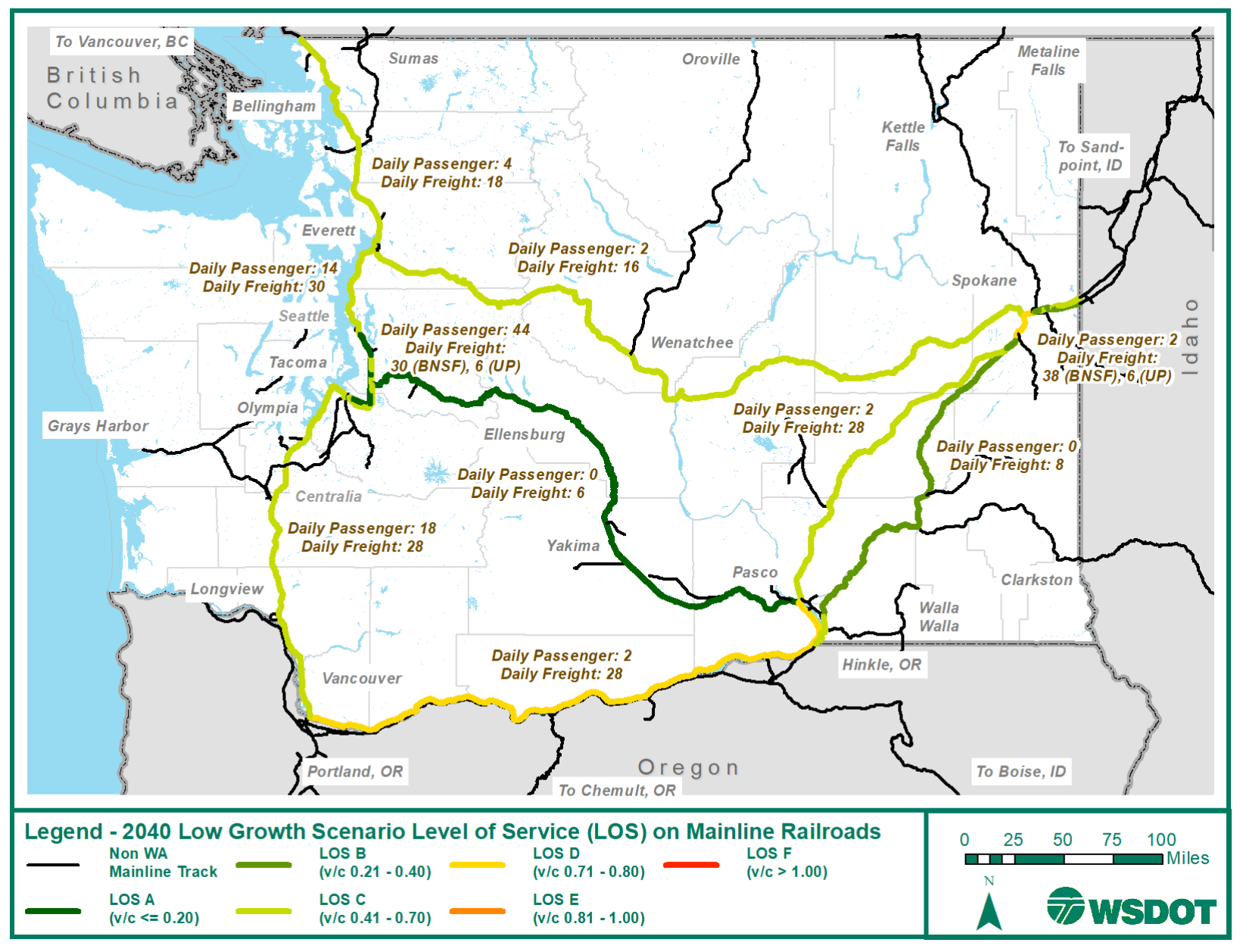 A map of the 2040 low-growth scenario LOS on mainline railways in Washington. (WSDOT)