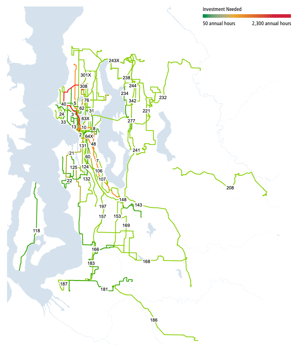 Corridors that need additional service hours to address reliability. (King County)