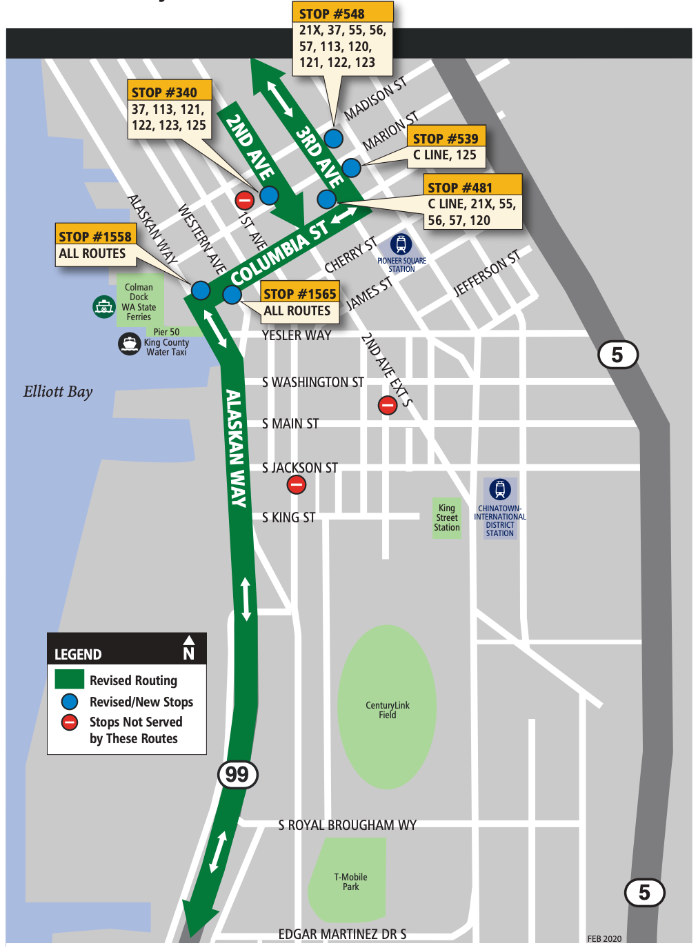 New routing of buses between the southwest and Downtown Seattle as well as stop changes. (King County)