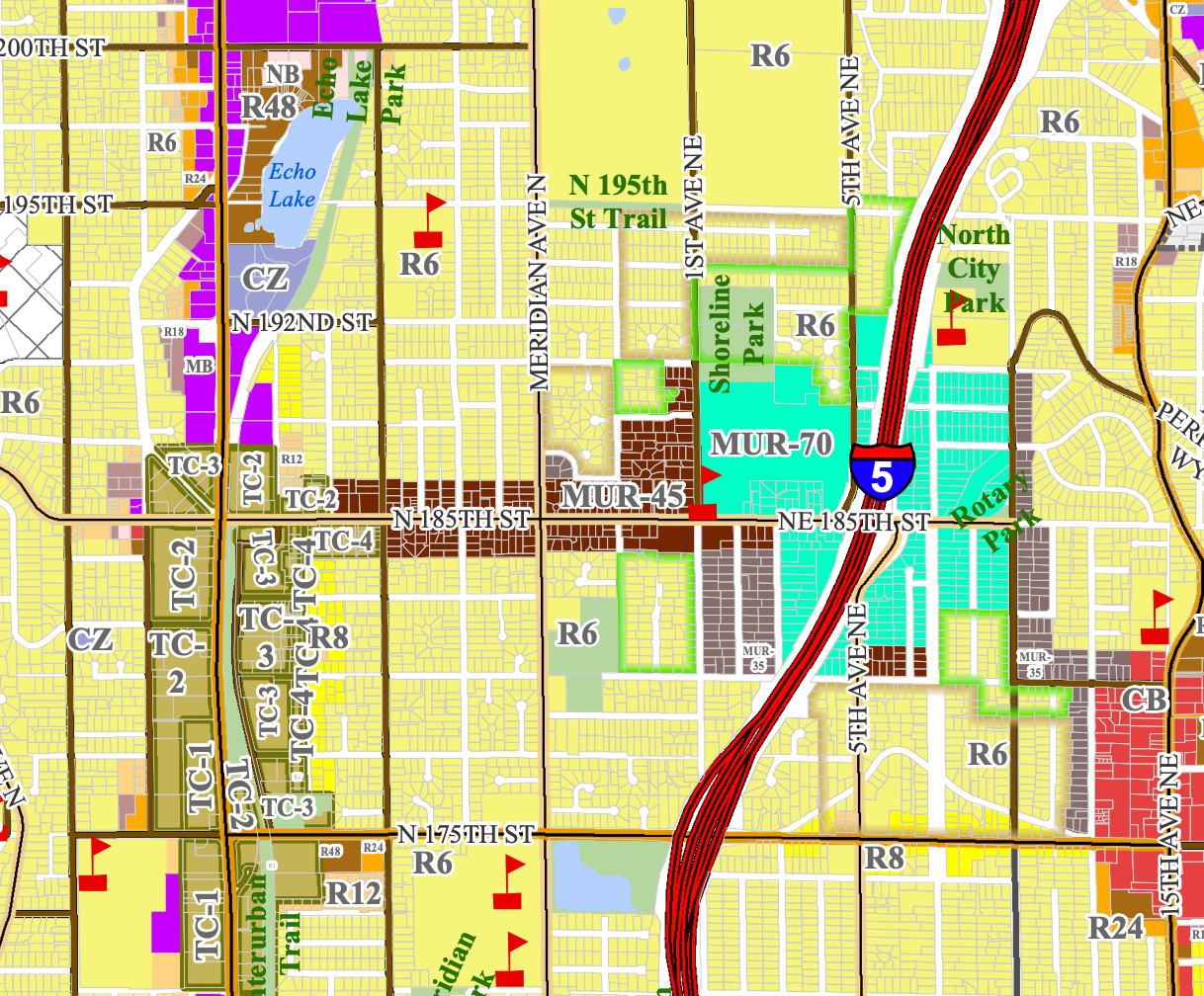 Local zoning map for Shoreline. Brown is 45-foot height limit mixed use zoning and is focused on N 185th St. Sea green is 70-foot height limit mixed use zoning and is clustered around I-6 and NE 185th St. Grey is 35-foot height limit mixed use zoning. SR-99 has a mix of multifamily and commercial zoning, and and yellow is single-family zoning. (Shoreline)