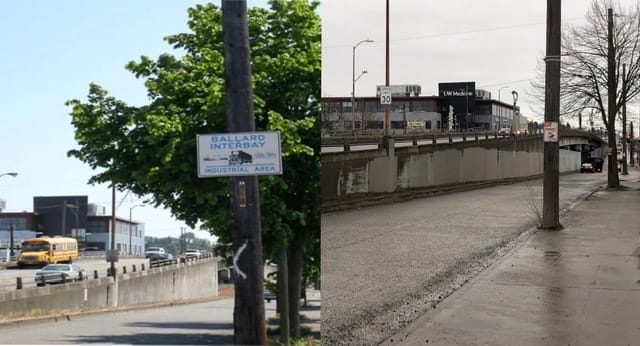 Two images of intersection near Ballard bridge. 2002 image includes a sign saying “Ballard Interbay Industrial Area.” Contemporary right image does not.