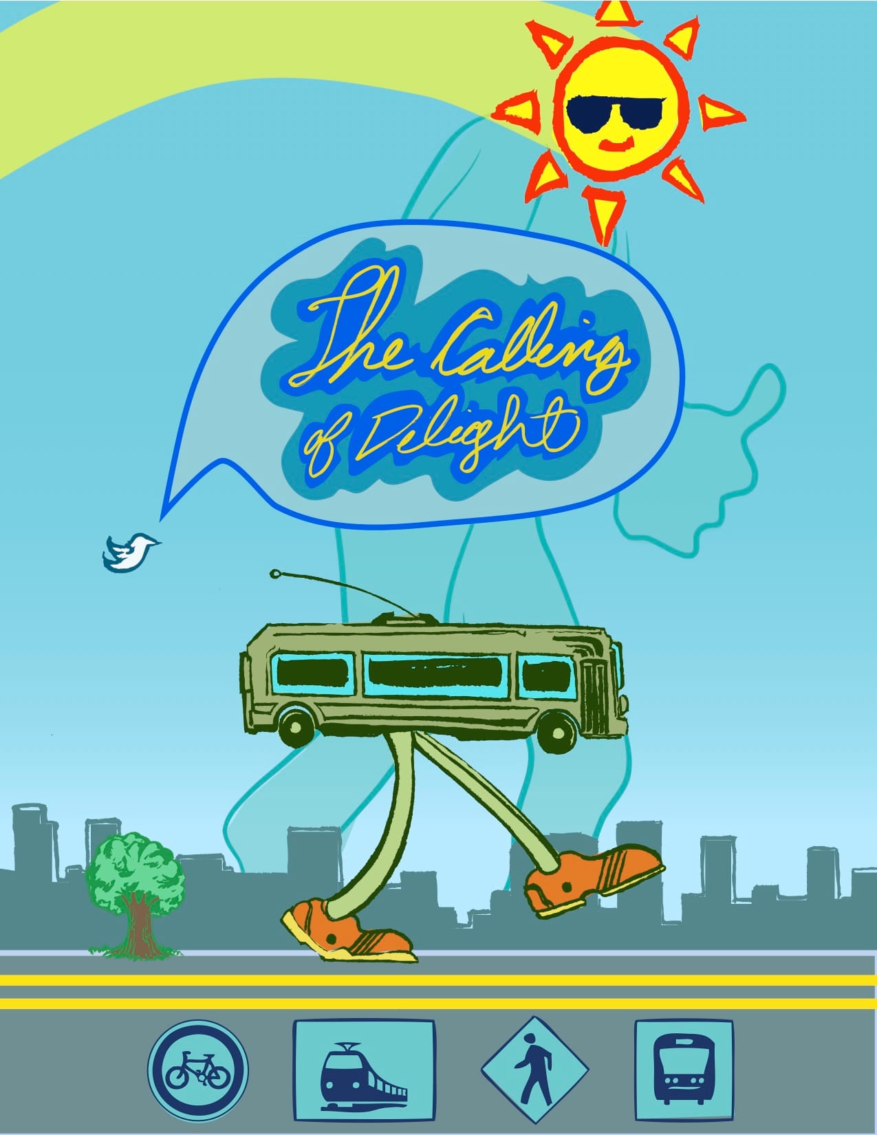 "The Call of the Delights" graphic uses a cartoon bus with legs. (Reed Olson)
