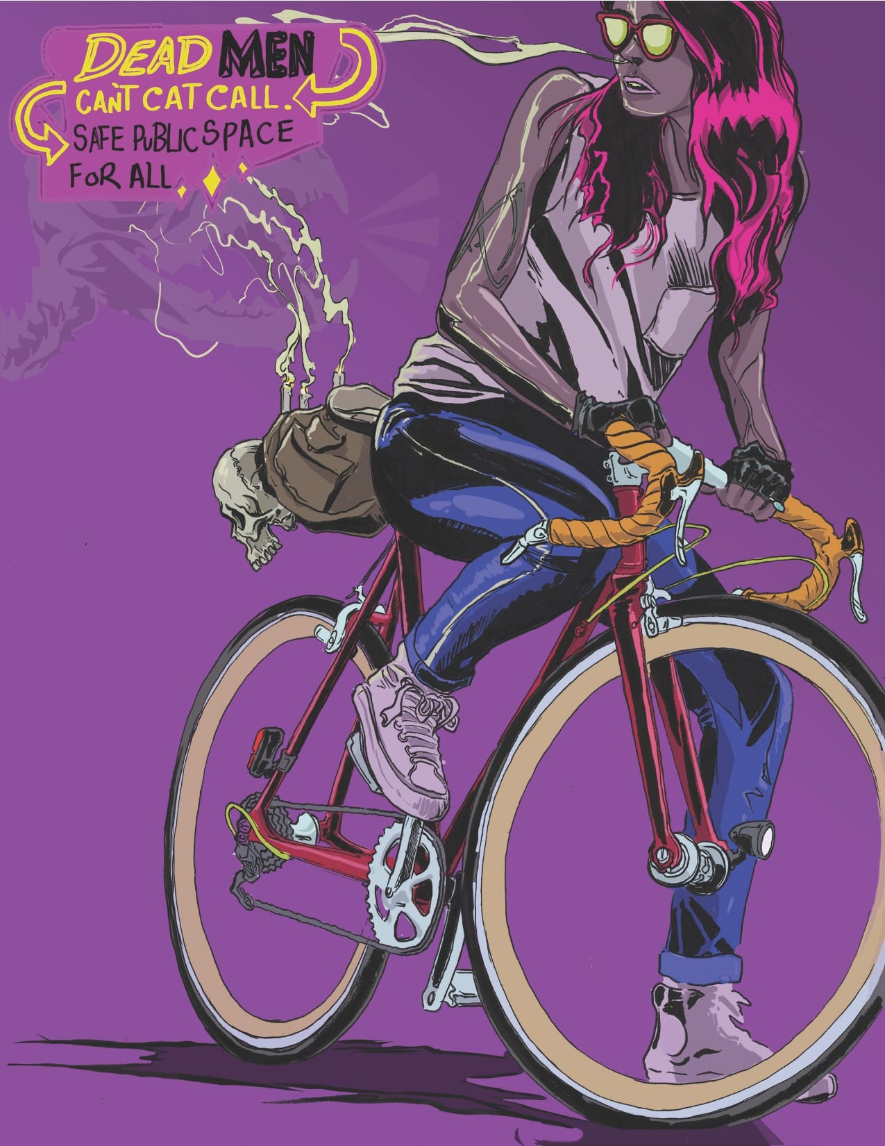 Don't cat call PSA: "Dead men can't cat call. Safe public space for all." Features a purple-haired woman on a bike with a skull affixed to the rear. (Reed Olson)