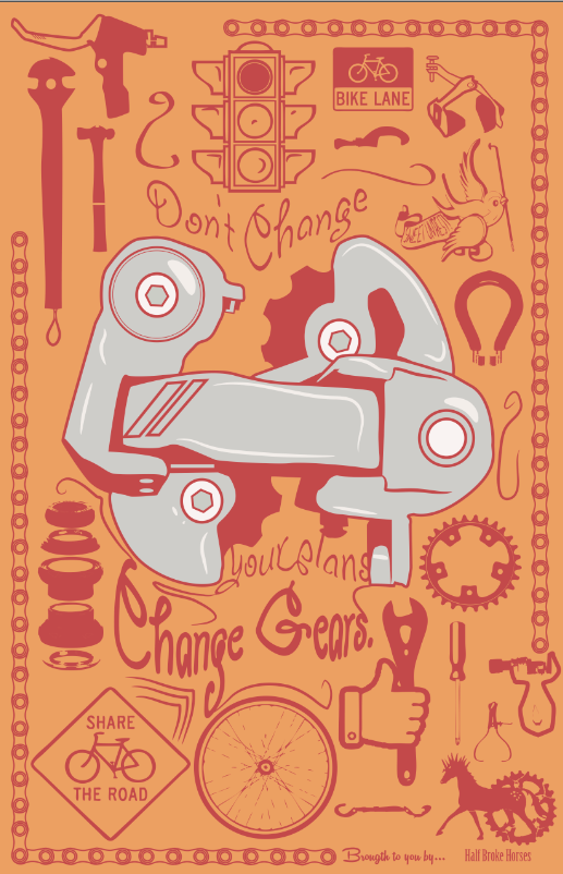 Change Gears graphic shows gears and tools along with road signs like "Share the Road" and "Bike Lane." (Reed Olson)
