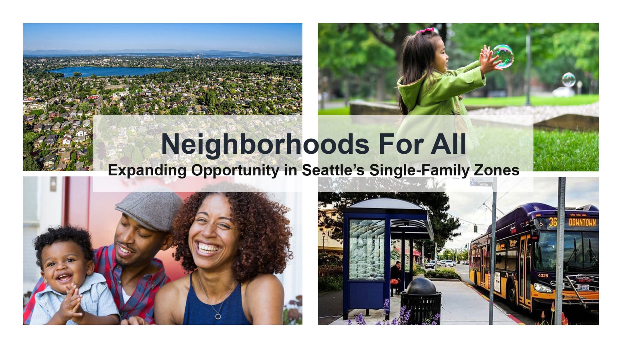 The cover page of the Neighborhoods for All report by the Seattle Planning Commission includes scenes of a family, a busstop, and a kid on a park bench. (City of Seattle)