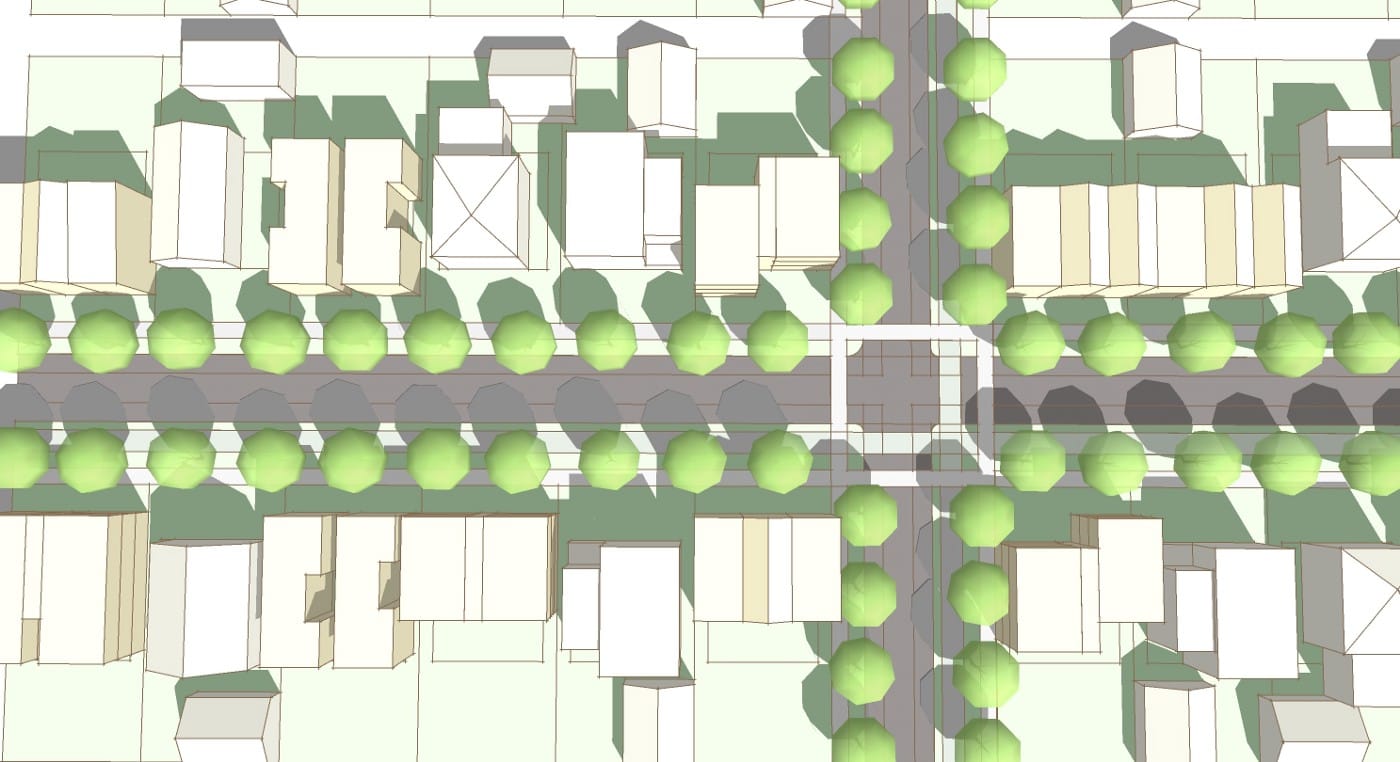 Require street trees as part of a complete street improvement as well as protected bike lanes and storm water infrastructure. (Matt Hutchins AIA/CAST architecture)