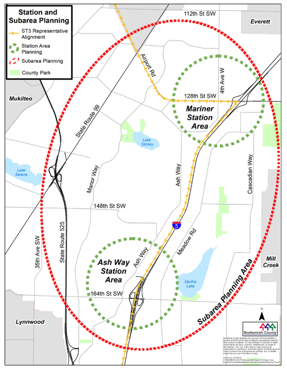 The station and subarea boundaries that Snohomish County is using for the county's Light Rail Communities program. (Snohomish County)