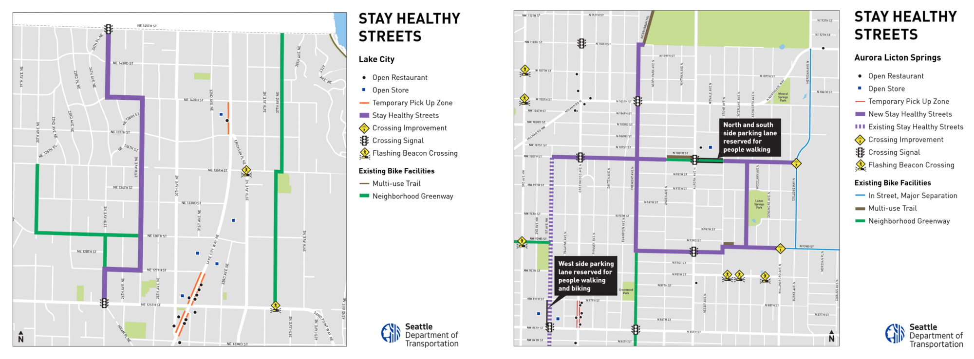 Stay Healthy Streets network in Lake City and Aurora-Licton Springs. Solid purple lines are new Stay Healthy Streets, dashed purples lines are existing Stay Healthy Streets, green lines are existing Neighborhood Greenways, and orange lines are temporary pickup zones. (City of Seattle)