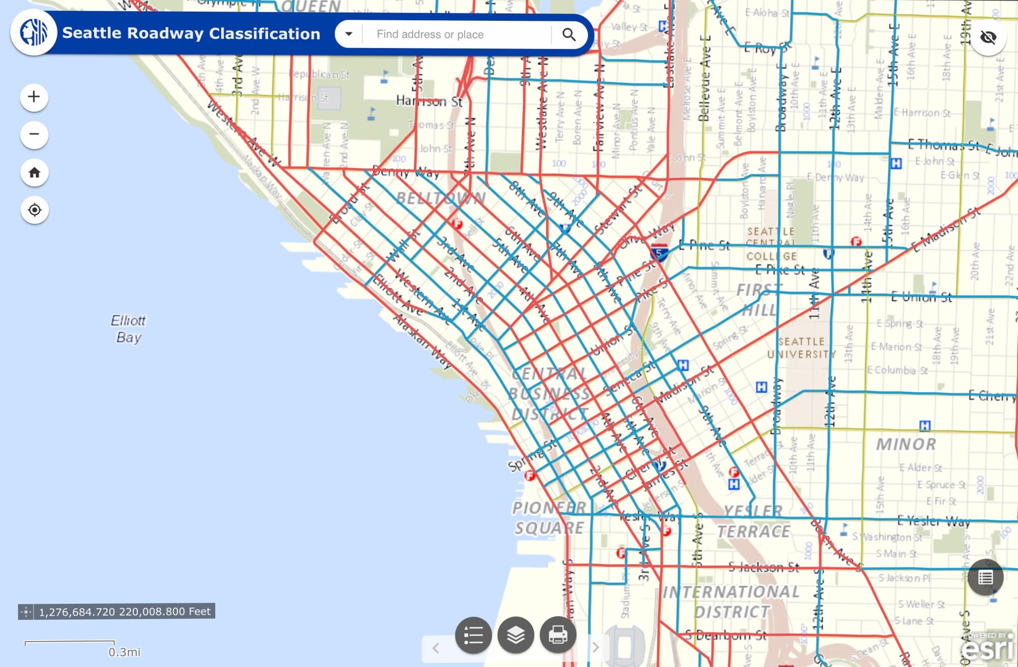 Map of Seattle roadways through downtown and Belltown. Principal Arterial Streets are shown in red, clustering through the urban core and tapering off into the neighborhoods. (ESRI mapping by Seattle GIS)