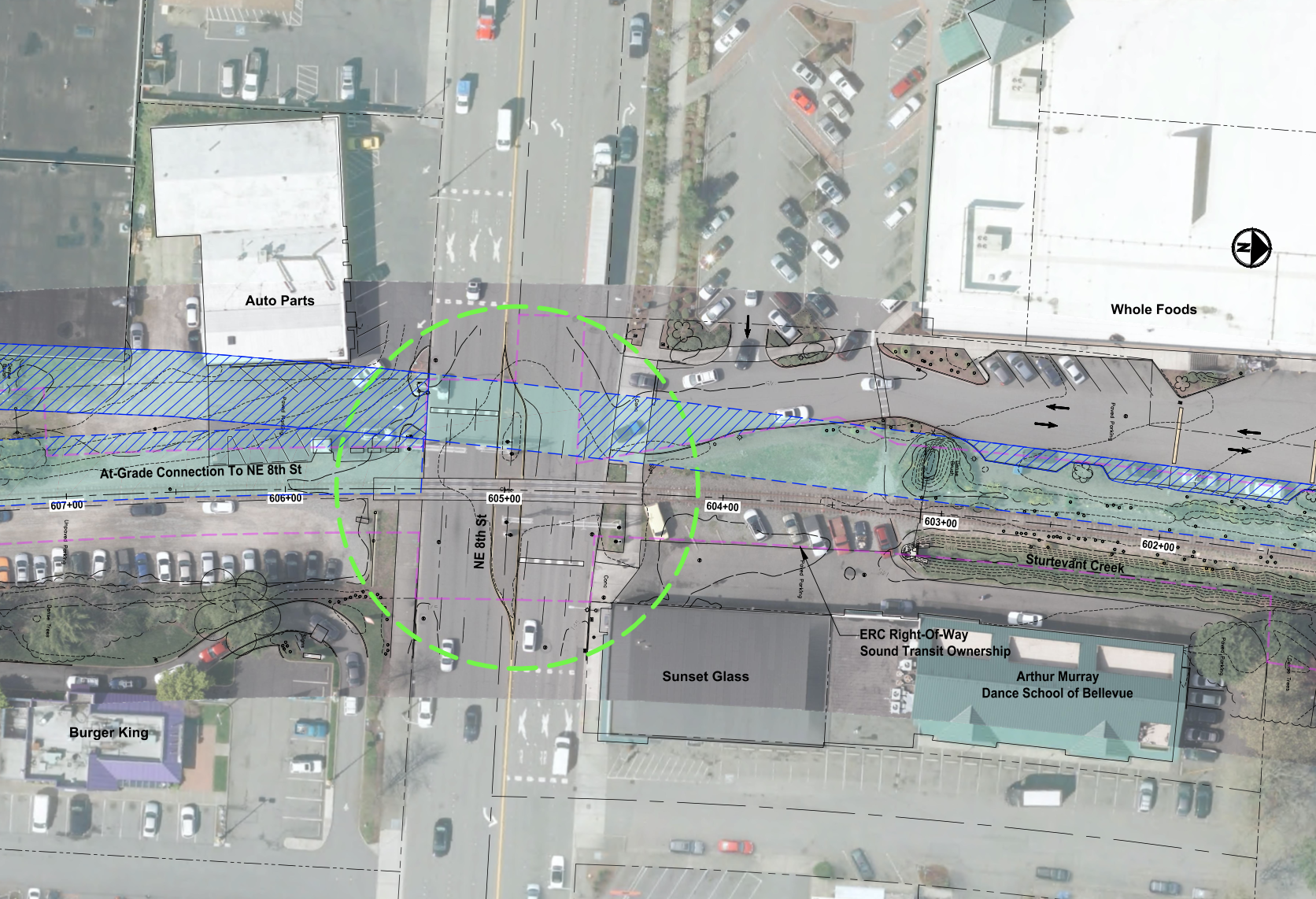 The Eastrail Trail right-of-way crossing NE 8th St in Bellevue. (King County)