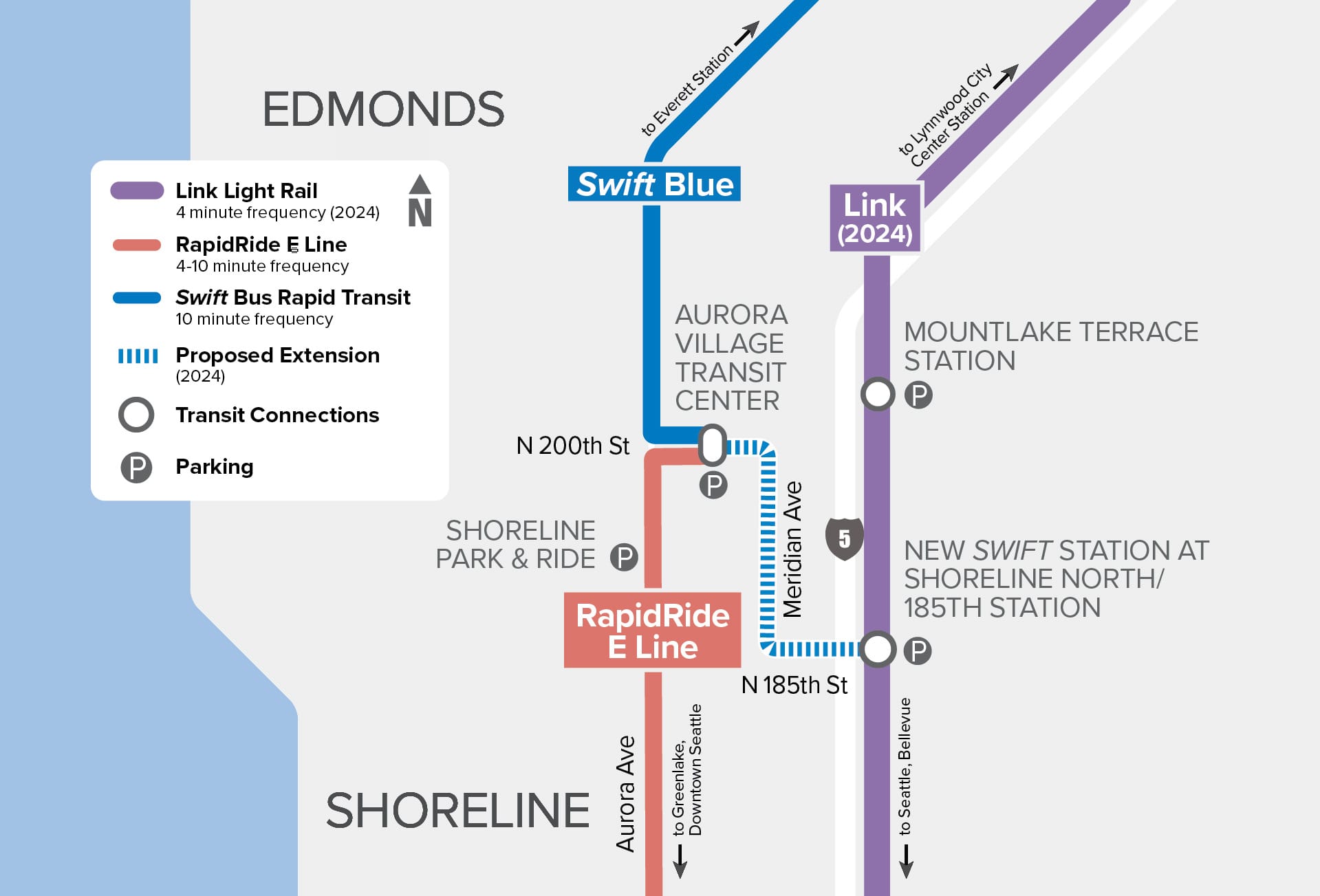 Schematic of the planned Swift Blue Line extension and integration with RapidRide and Link. (Community Transit)