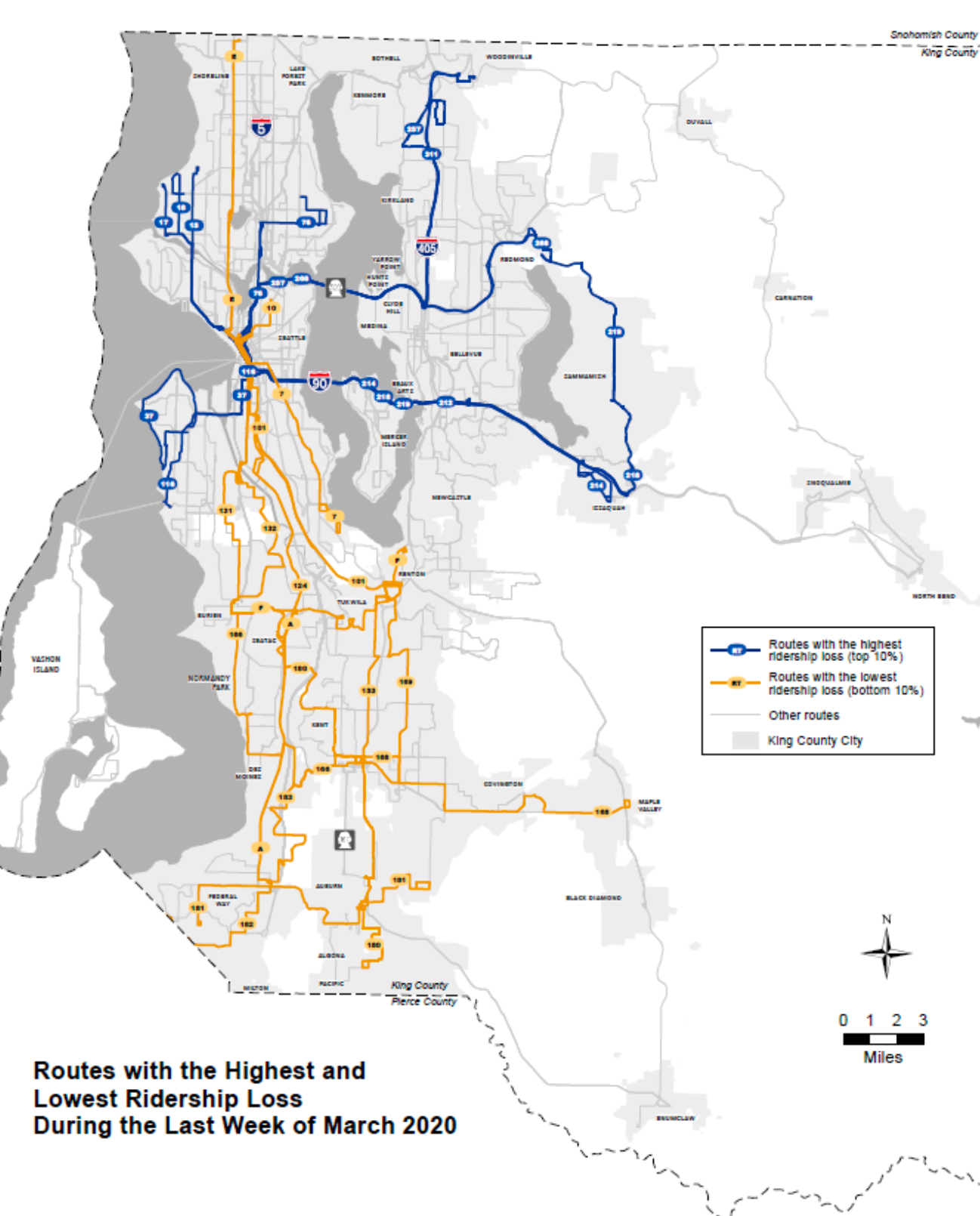 Back in late March, the corridors with the most and least ridership losses were fairly evident in percentage terms. (King County) 