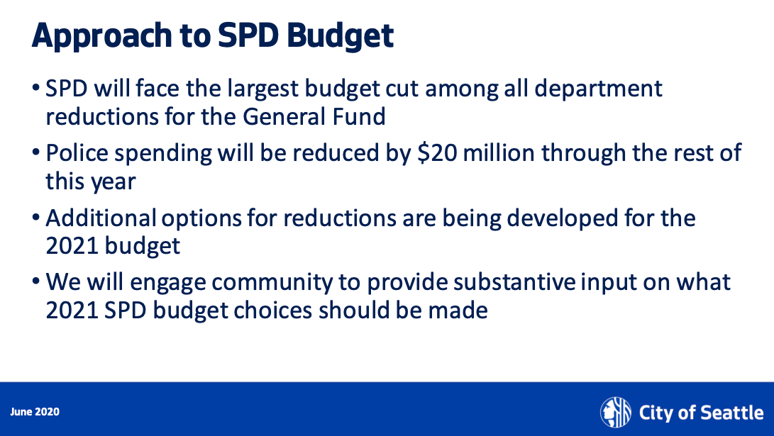 The Mayor characterized her approach to SPD budget as the largest cut among all department reductions for the General Fund, which is misleading since SDOT faced a larger cut.