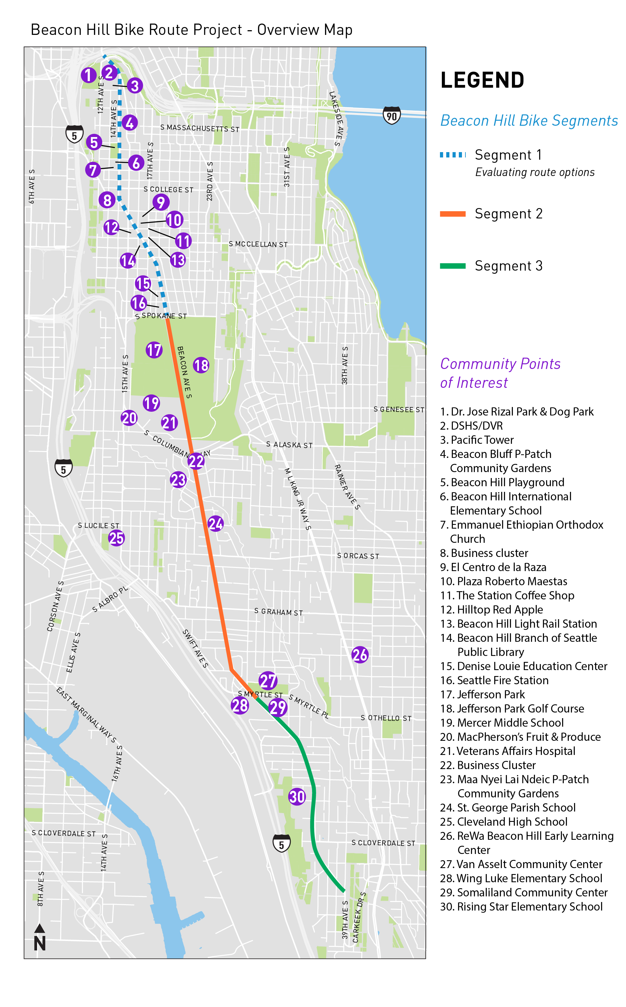 SDOT's planned Beacon Hill Bike Route uses Beacon Avenue and notes key destinations along the path. (SDOT)