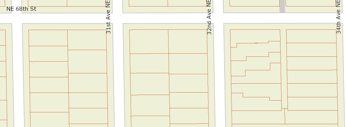 Jagged lots shaped like a lightning bolt icon on 32nd Ave NE and NE 68th St.