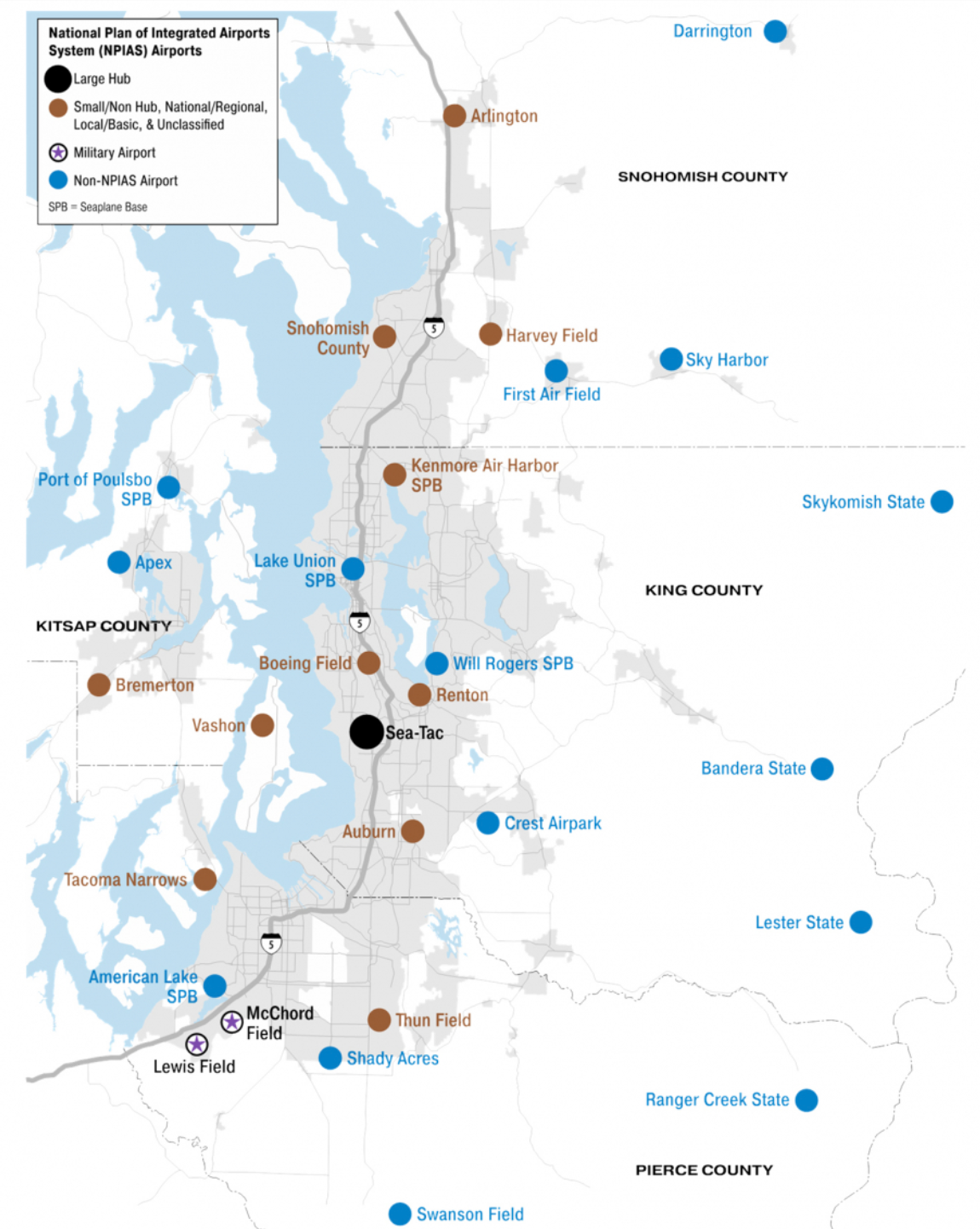 Locations of airports within the four-county PSRC region. (PSRC)