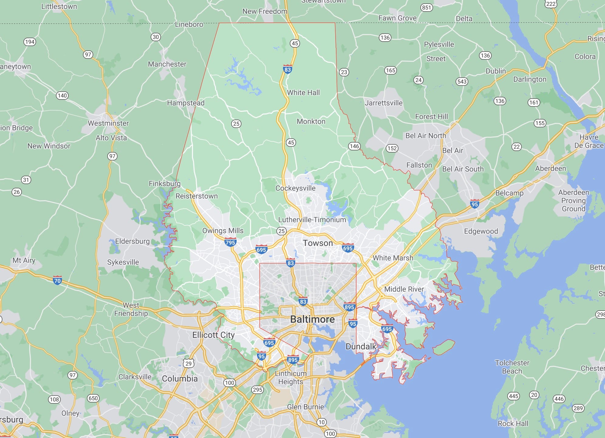 Baltimore City is almost completely surrounded by Baltimore County (highlighted). It is weirdly difficult to find a good consolidated map image of both City and County. The famous Inner Harbor is approximately at the "i" in Baltimore, and Ray's old house was at the "e", a neighborhood called Highlandtown. (Google Maps)