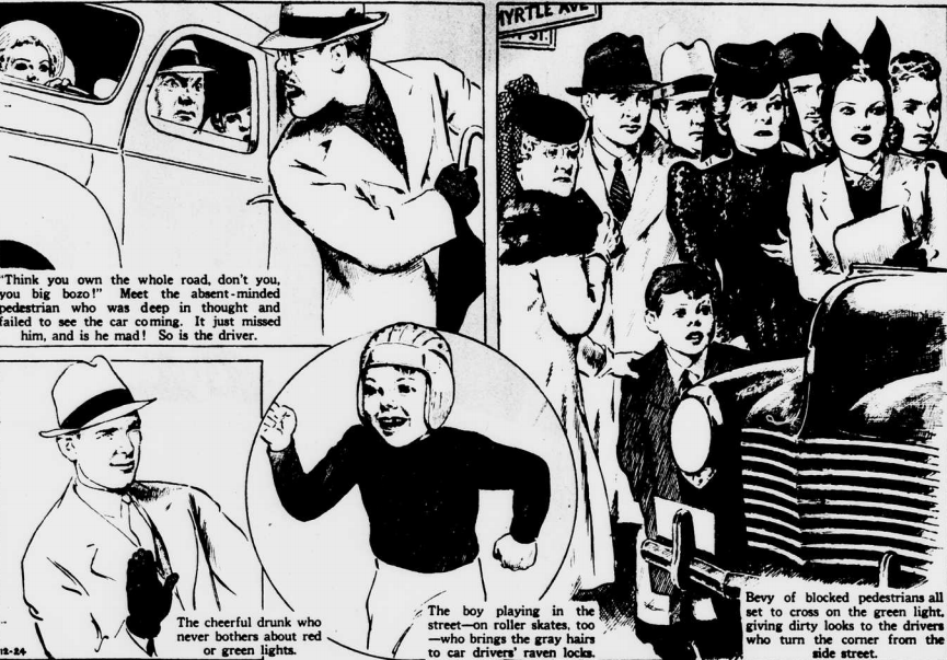 A cartoon depicts people who get in the way of motorists like drunks, kids playing,