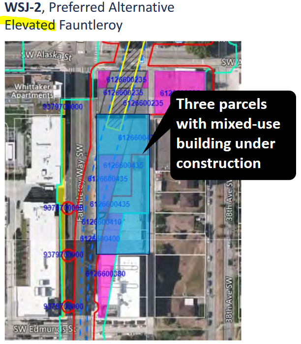The planned path of West Seattle Link is mapped onto a satellite image of the intersection of Fauntleroy Way SW and SW Alaska St. 