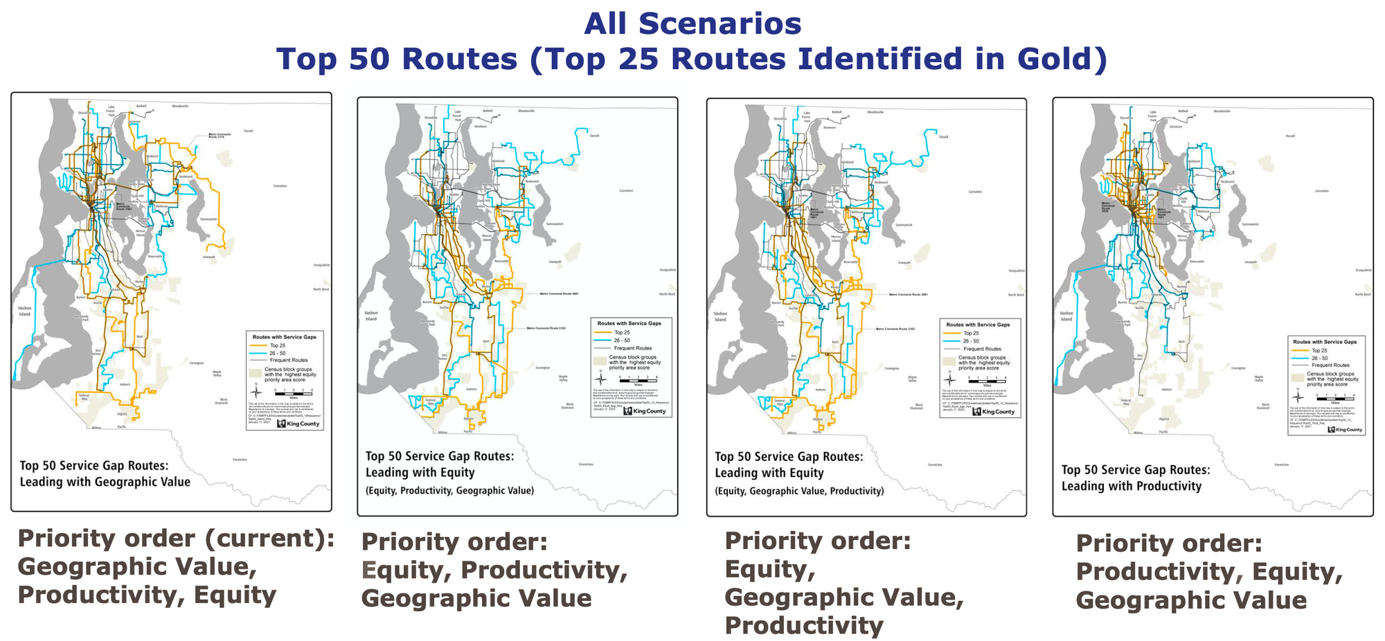Maps comparing how priority values ordered results in different routes being identified as the highest priority for service investment. Click for larger view. (King County)