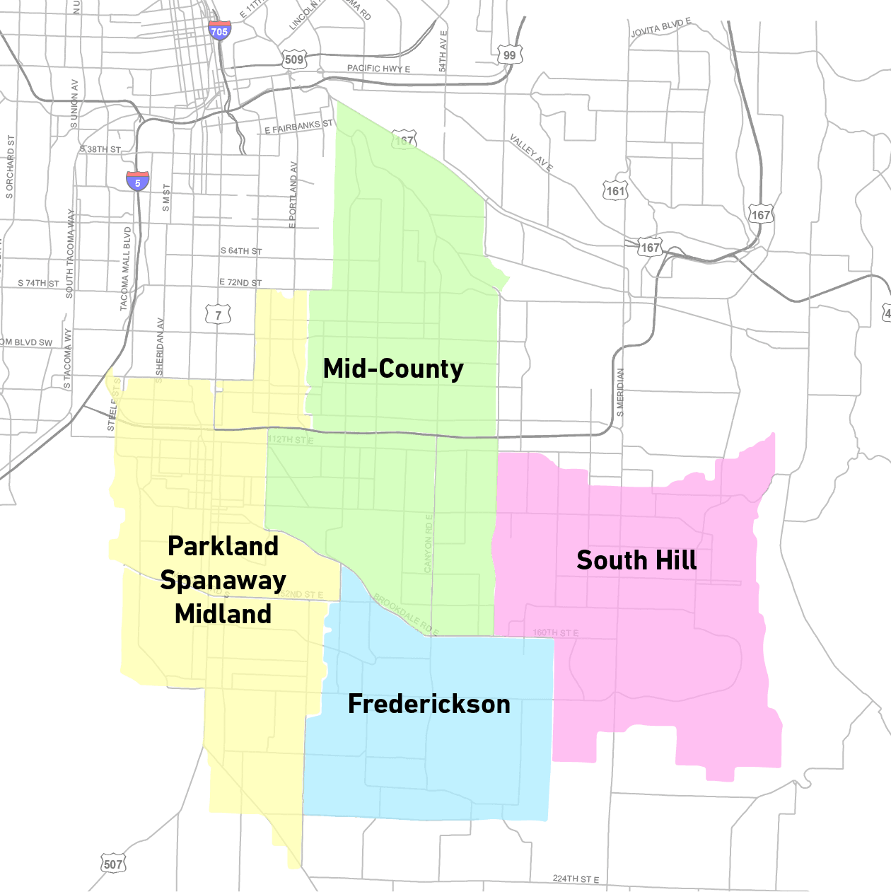 The relationship of the four communities covered by the planning process. (Credit: Pierce County)