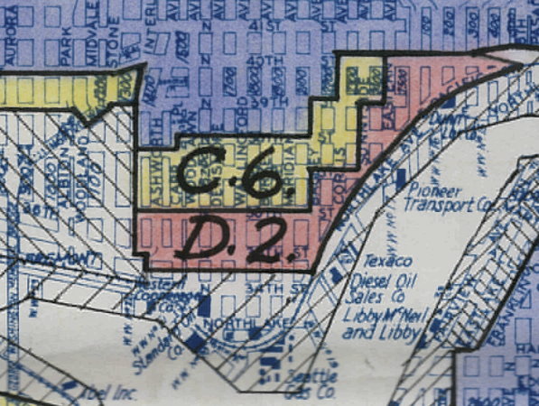 Closeup of the redlined district in Wallingford. It covers approximately Interlake on the west to the Ship Canal on the east, from Gas Works Park north to 38th.