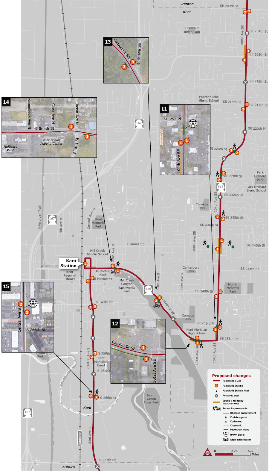 Map of corridor improvements and stop changes. (King County)