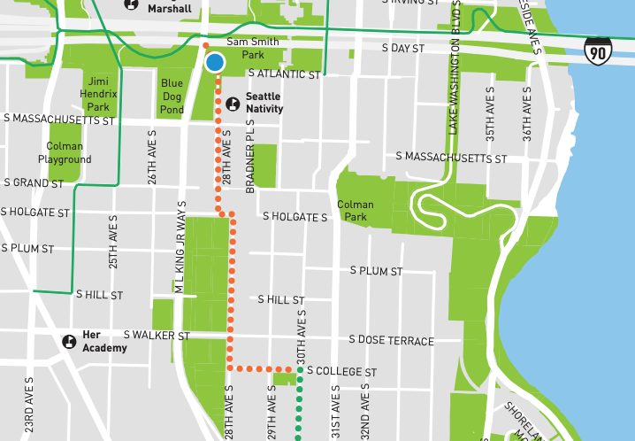 A map showing the gap between 30th and College and 28th and I-90