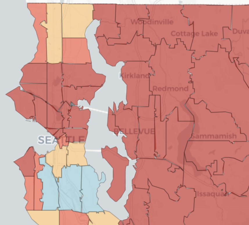 A map illustrating Asian population growth in Seattle Metro Area. Red equals 40%+ growth and occupies over three quarters of the map space, especially on the north and east sides. 