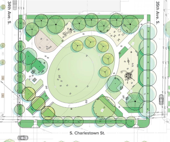 The rendering of the planned park at South Charleston Street shows an oval central lawn area ringed by a walking path. The other park elements, such as the play area, exercise area, and basketball court are located exterior to the central lawn. 